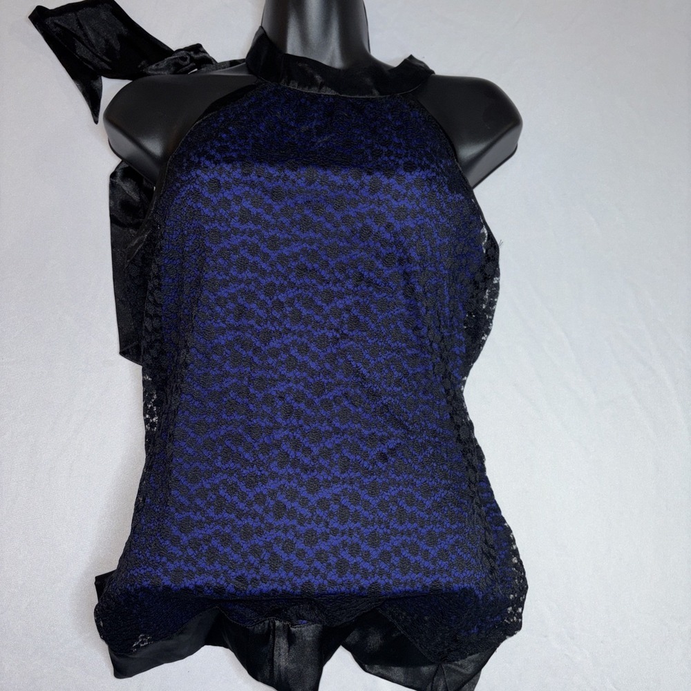 Nicole Miller Black Lace /Blue Lining Halter Top Tie Back Size Medium - Picture 2 of 5